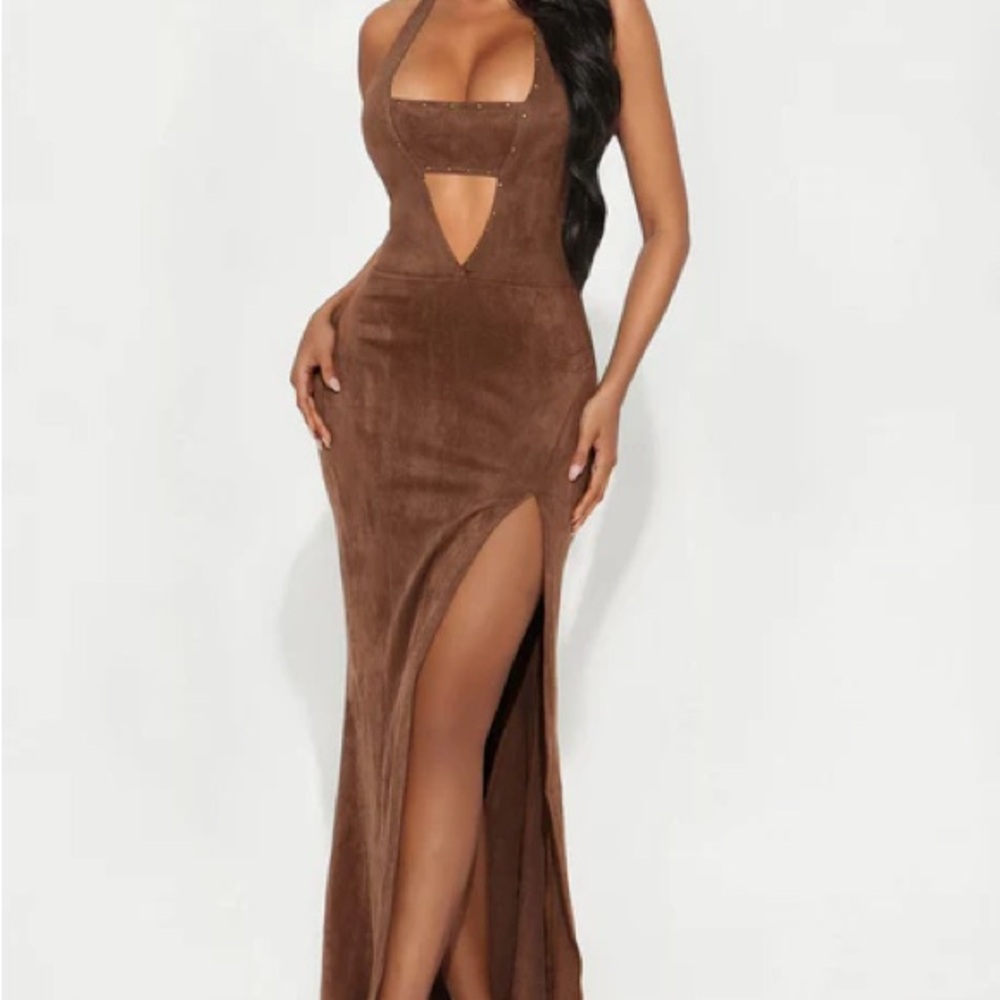 Elegant Faux Suede Maxi Dress - Brown